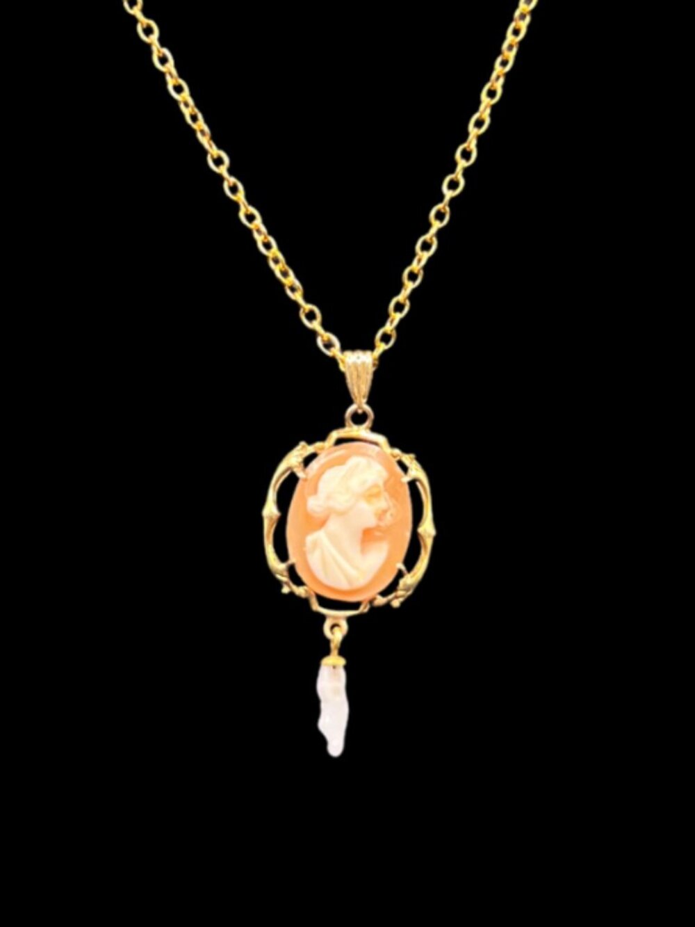 Antique 10K Gold Carved Shell Cameo Pendant on gold-plated chain